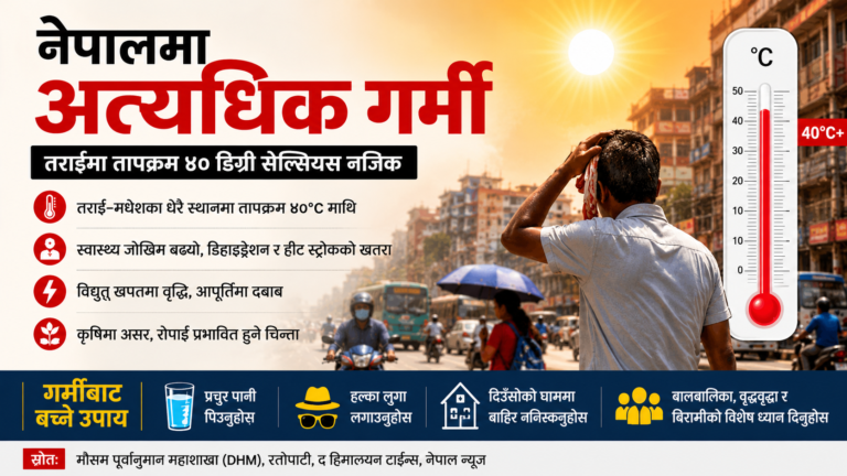 नेपालमा अत्यधिक गर्मीको सूचना इन्फोग्राफिक, तराई क्षेत्रमा तापक्रम ४०°C नजिक पुगेको देखाउँदै। स्वास्थ्य जोखिम, विद्युत् खपत वृद्धि, कृषि प्रभावित, र सुरक्षा उपायहरू: पर्याप्त पानी पिउनु, हल्का कपडा लगाउनु, घरभित्र बस्नु, बालबालिका र वृद्धवृद्धामा विशेष ध्यान।